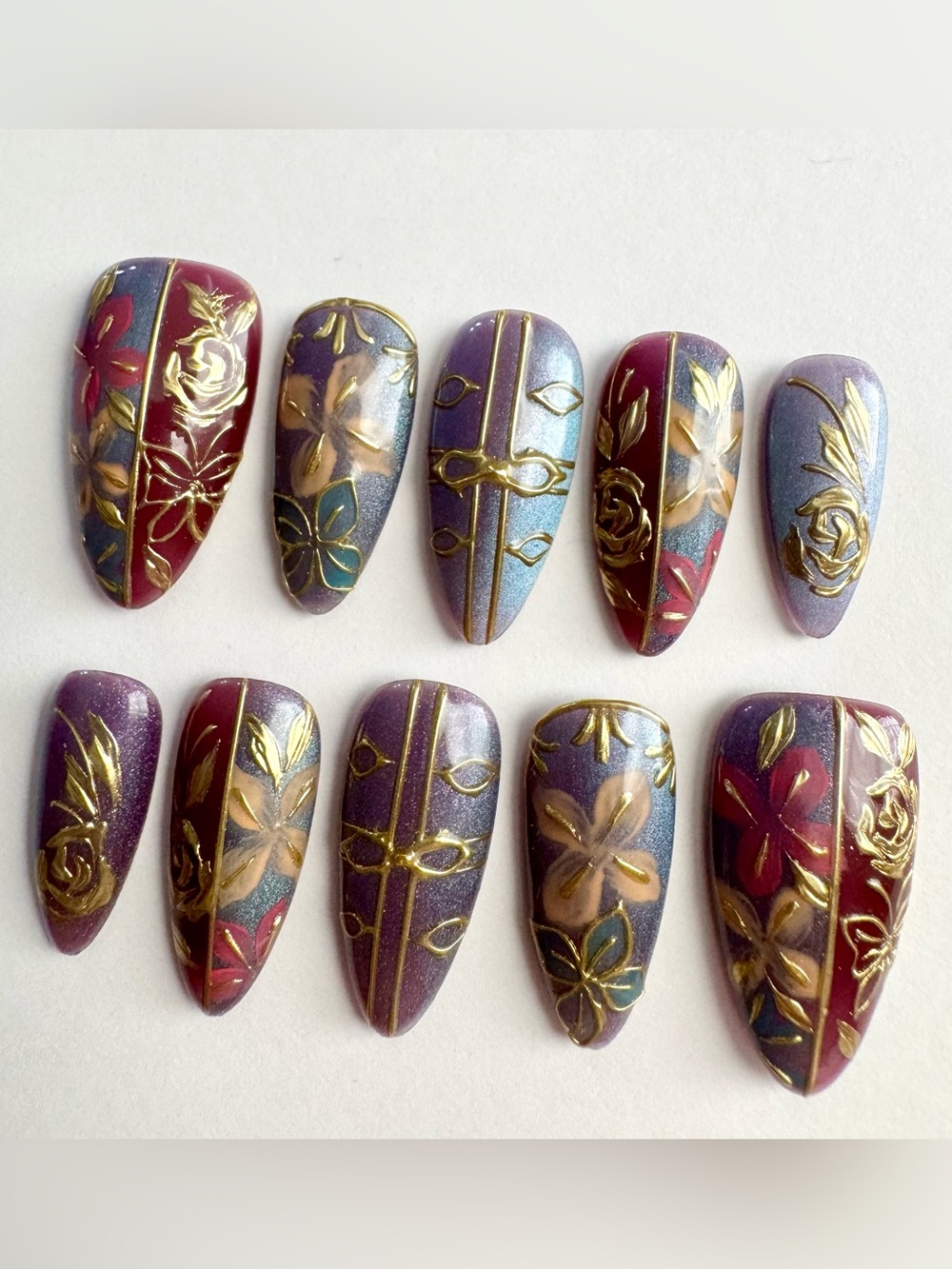 Hand-Painted Floral Press-On Nails - Purple & Burgundy